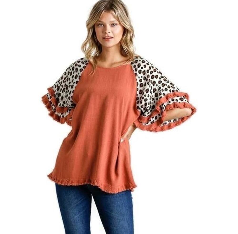 Umgee Rust Animal Print Bell Sleeve Fringe Boho Tunic Top M